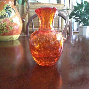 Vtg Hand Blown Orange Crackle Glass Creamer Pitcher Crimped Rim Clear Handle